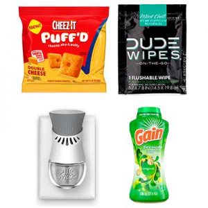 Free Cheez-It Puff`d, Dude Wipes – Mint Chill, Air Wick Wamer and Gain Fireworks.